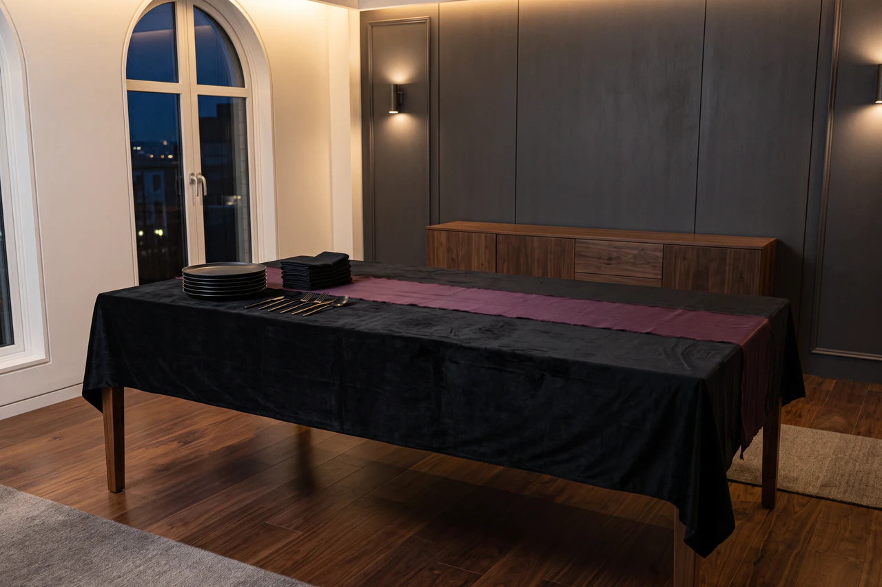 Dunkler Buffettisch mit glatter Tischdecke, pflaumenfarbenem Läufer und seitlich bereitgestelltem Geschirr
