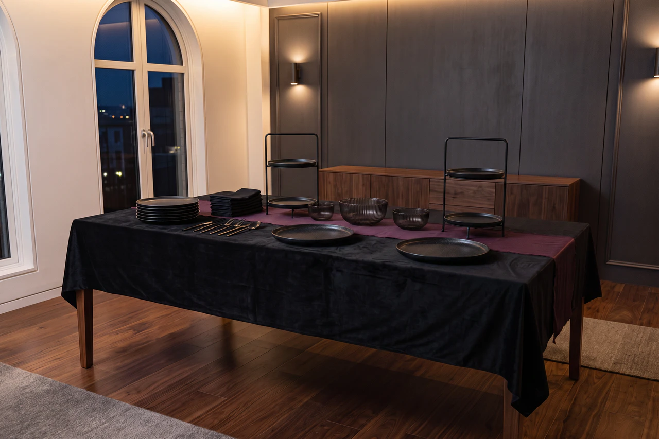 Buffettisch mit zwei schwarzen Etageren, flachen Servierplatten und Schalen auf drei Höhen