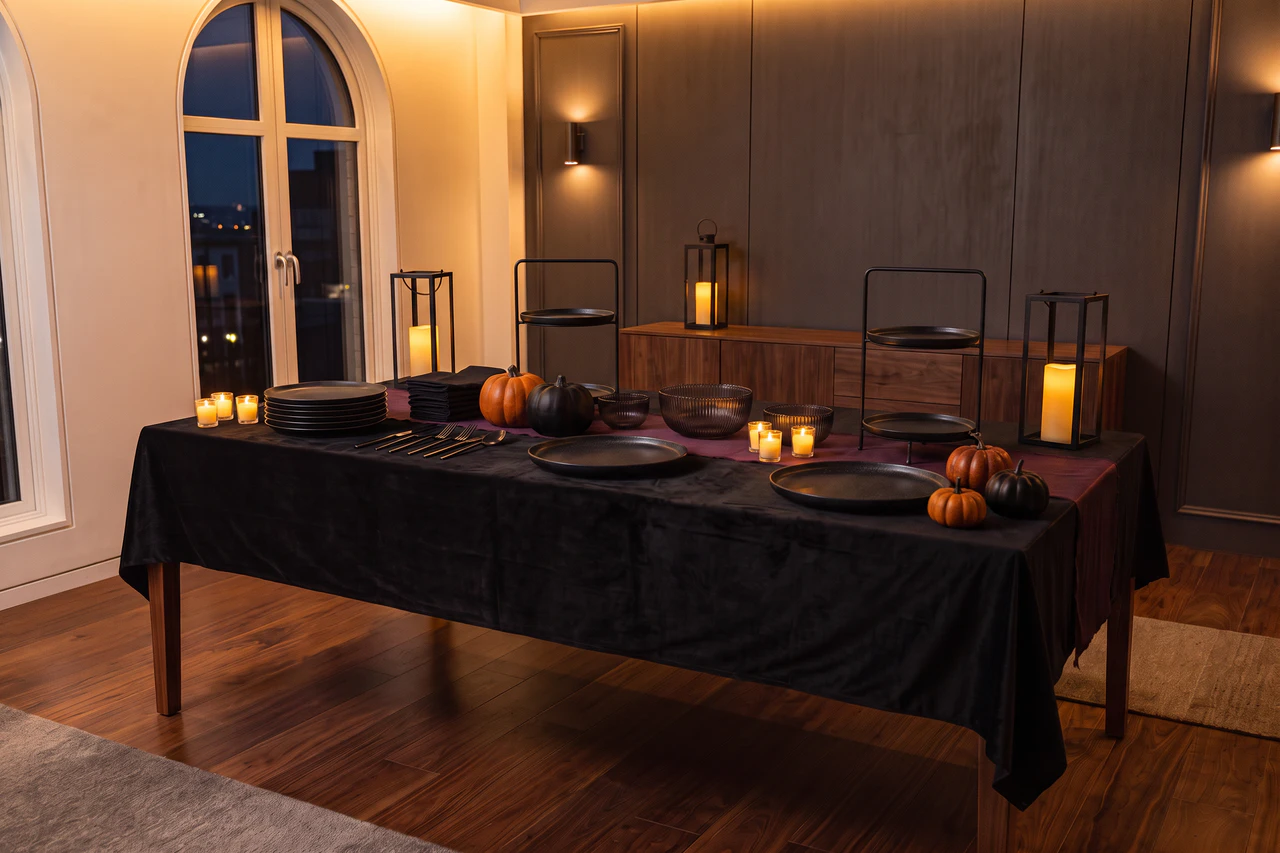 Sicher beleuchteter Halloween-Buffettisch mit LED-Laternen, LED-Kerzen und kleinen Kürbissen