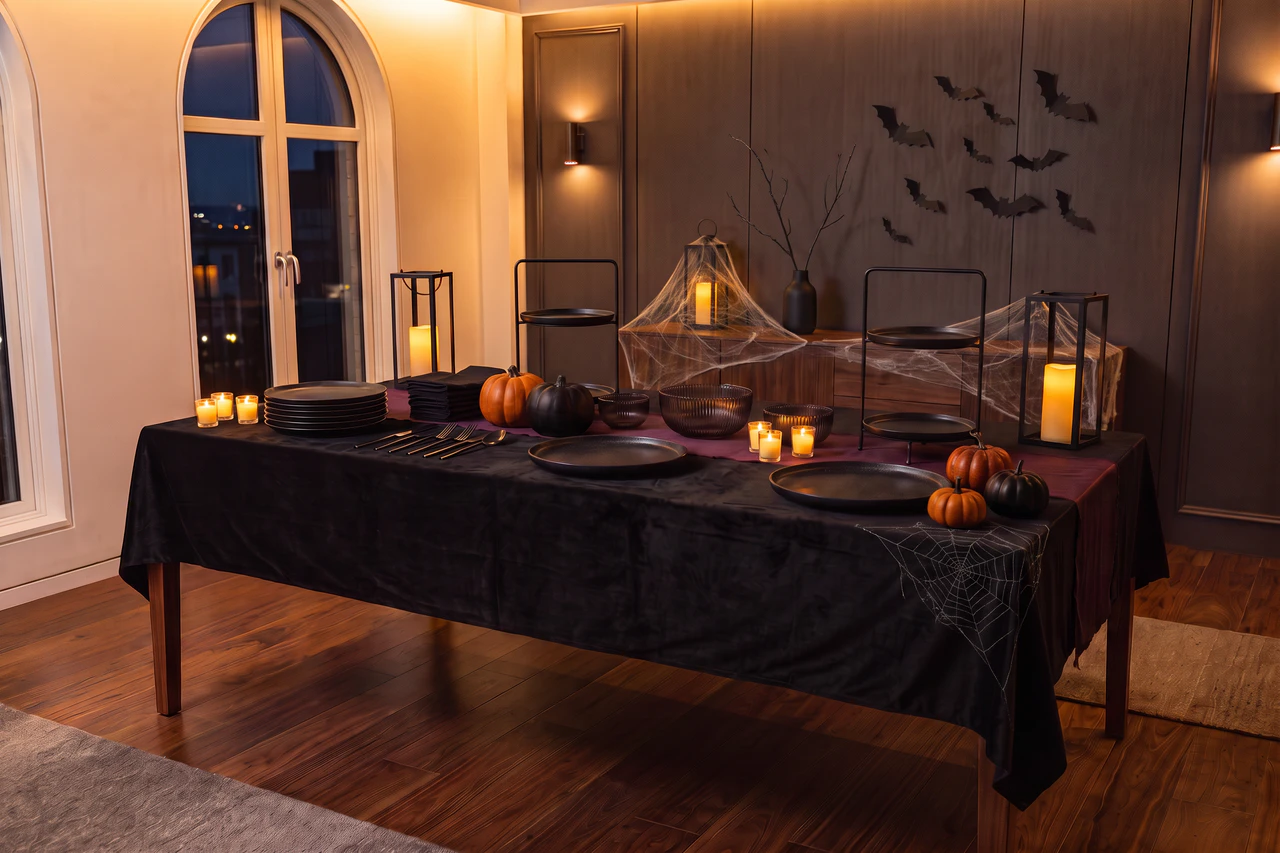 Elegant und sparsam dekoriertes Halloween-Buffet mit Spinnweben, Wandfledermäusen und Kürbissen