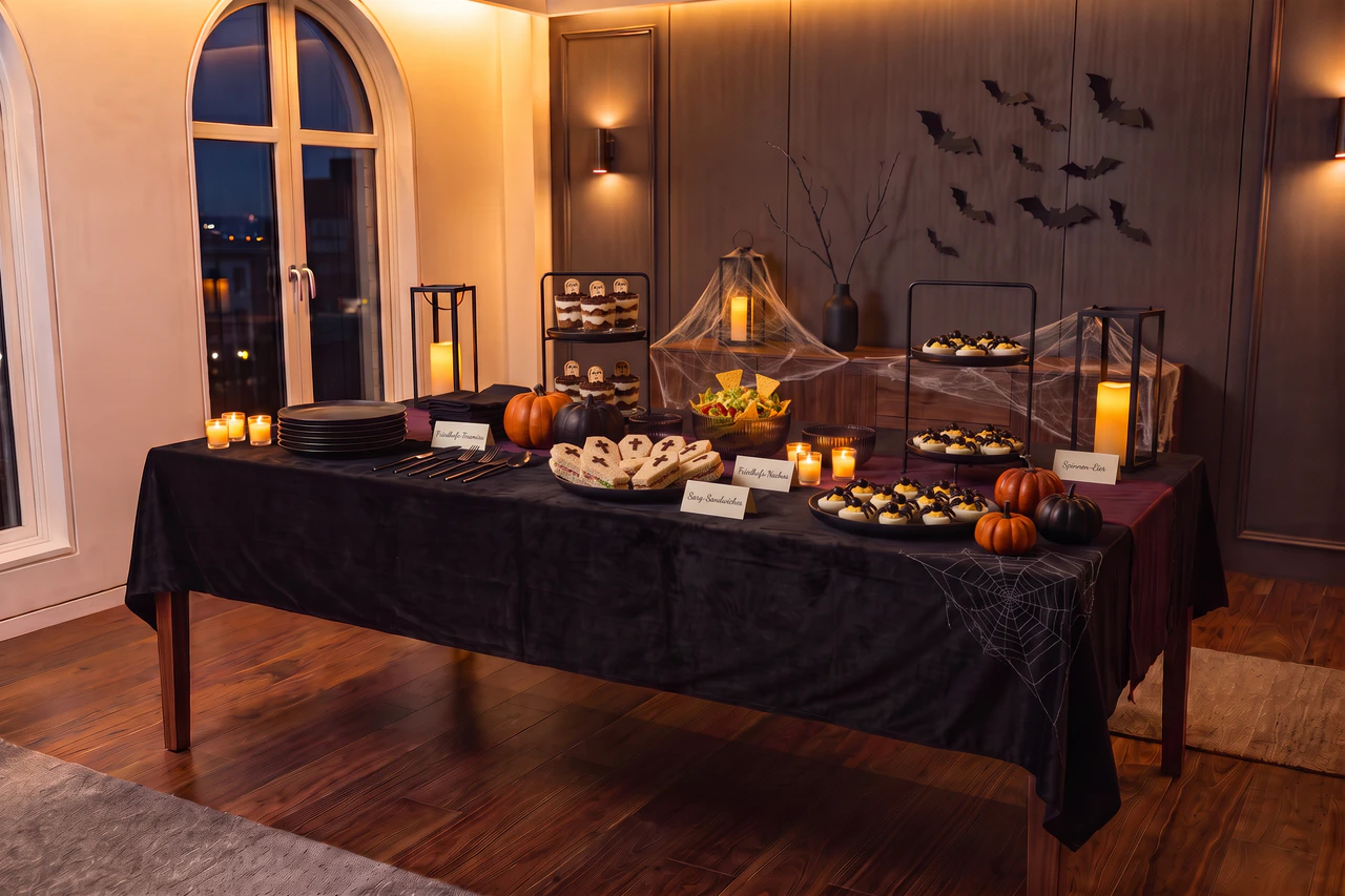 Fertiges Halloween-Buffet mit beschrifteten Speisen und gut erreichbaren Servierplatten