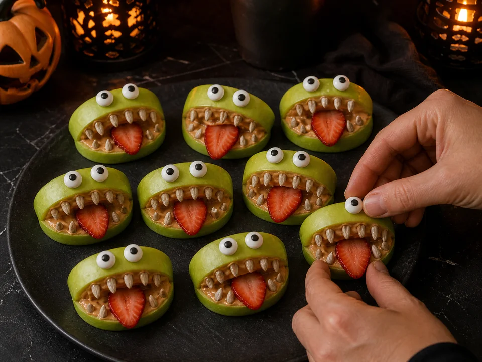 Acht grüne Apfel-Monster werden mit Erdnussbutter, Sonnenblumenkernen, Erdbeerzungen und je zwei Zuckeraugen dekoriert