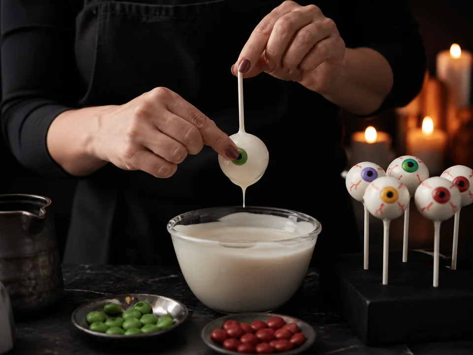 Ein gekühlter Cake Pop wird weiß glasiert und mit einer farbigen Zuckerlinse als Iris dekoriert
