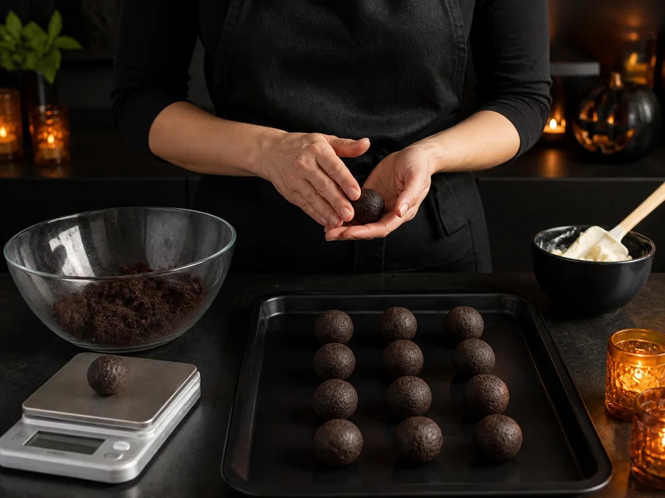 Gleich große Cake-Pop-Kugeln werden aus Kuchenbröseln und Frischkäse geformt