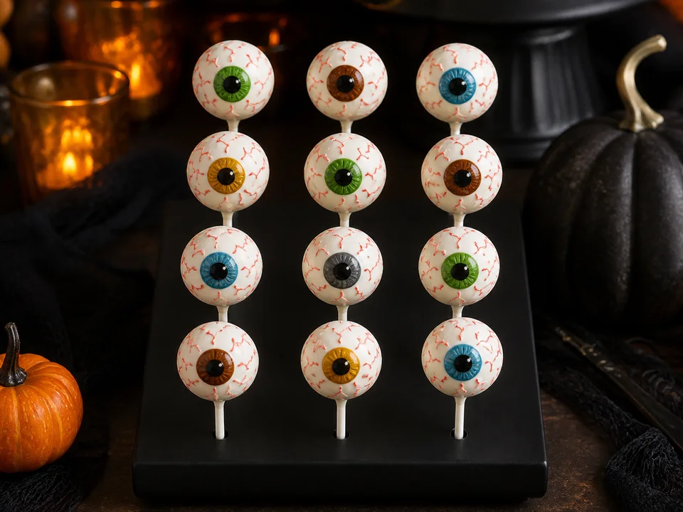 Zwölf weiße Augen-Cake-Pops mit farbigen Iriden und roten Äderchen auf einem schwarzen Ständer