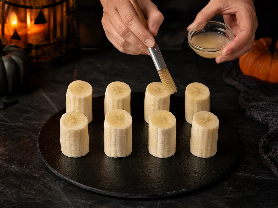 Acht aufrecht stehende Bananenhälften werden dünn mit Zitronensaft bestrichen