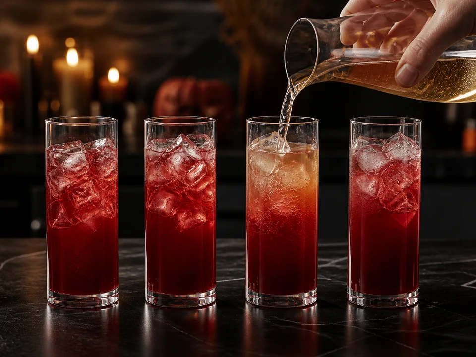Gut gekühltes Ginger Ale wird langsam in vier hohe Gläser mit Blutorangensaft und Eis gegossen