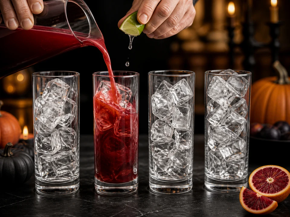Vier hohe Gläser werden mit Eis gefüllt; Blutorangensaft und frischer Limettensaft werden eingegossen