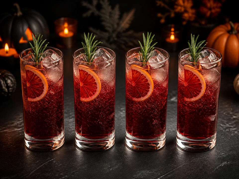 Genau vier rote Blutorangen-Mocktails mit Eis, Blutorangenscheibe und je einem kleinen Rosmarinzweig