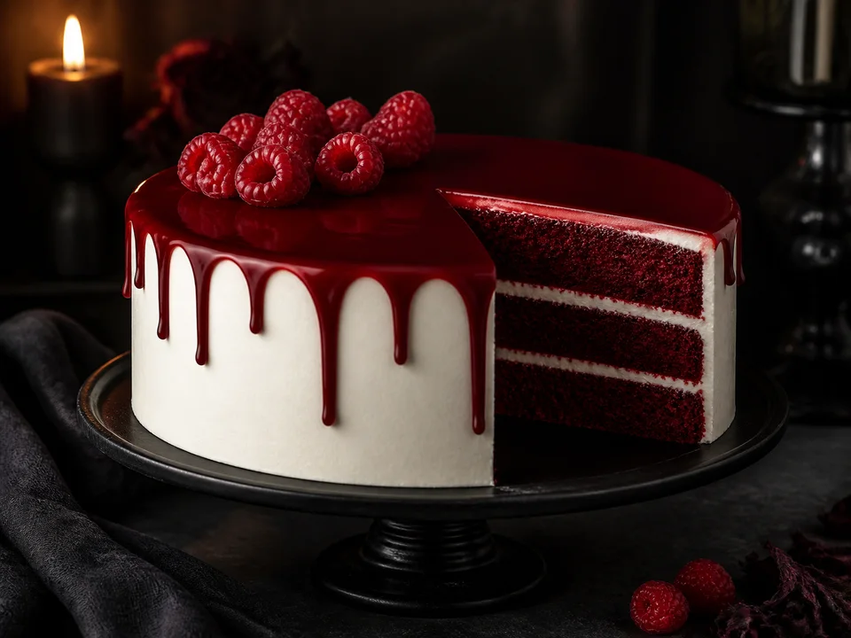 Dreilagige Red-Velvet-Torte mit zwei hellen Cremeschichten, Himbeerspiegel und frischen Himbeeren auf schwarzem Tortenständer