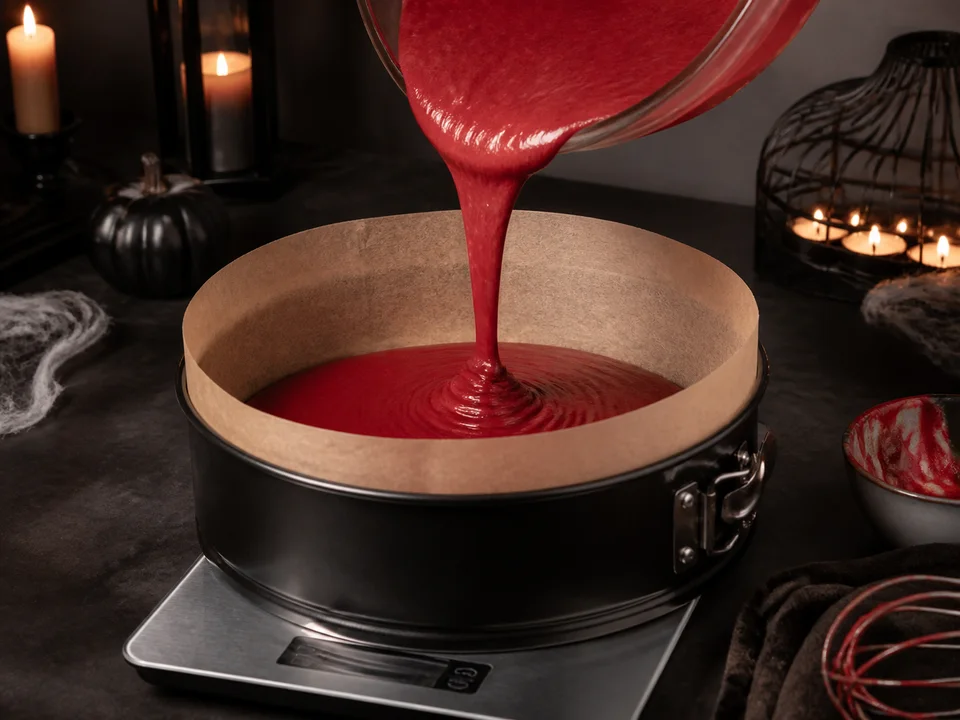 Roter Red-Velvet-Teig wird in eine einzelne hohe Springform mit 20 Zentimetern Durchmesser gefüllt