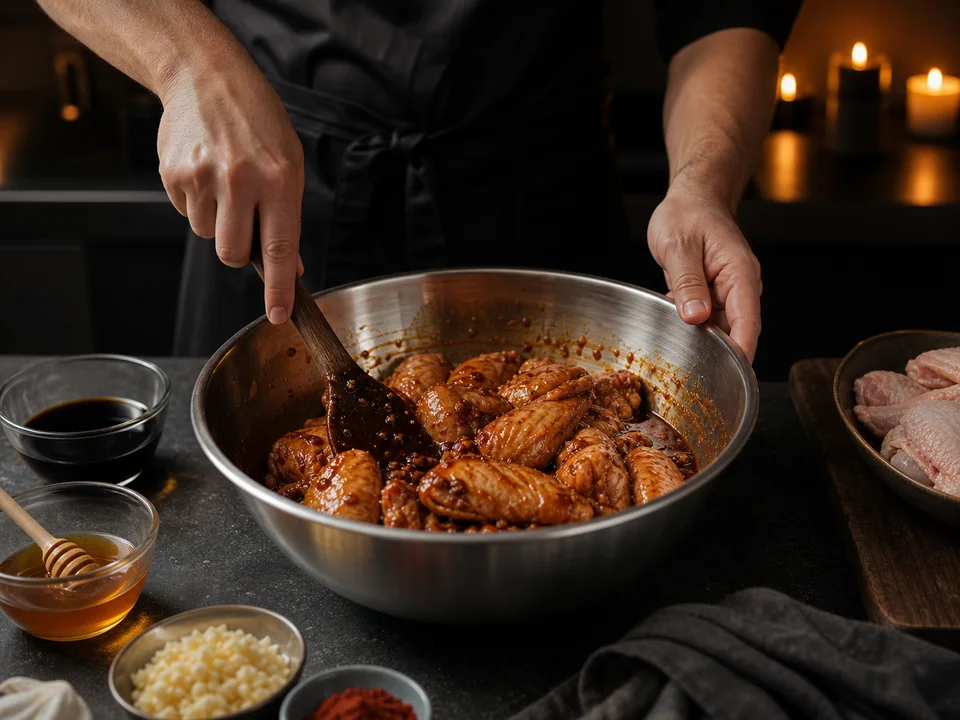 Chicken Wings werden gründlich in einer dunklen Marinade aus Sojasoße, Honig, Tomate, Knoblauch und Rauchpaprika gewendet