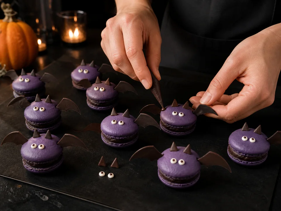 Dünne Schokoladenflügel, Ohren und Zuckeraugen werden mit kleinen Ganachetupfern an violetten Macarons befestigt
