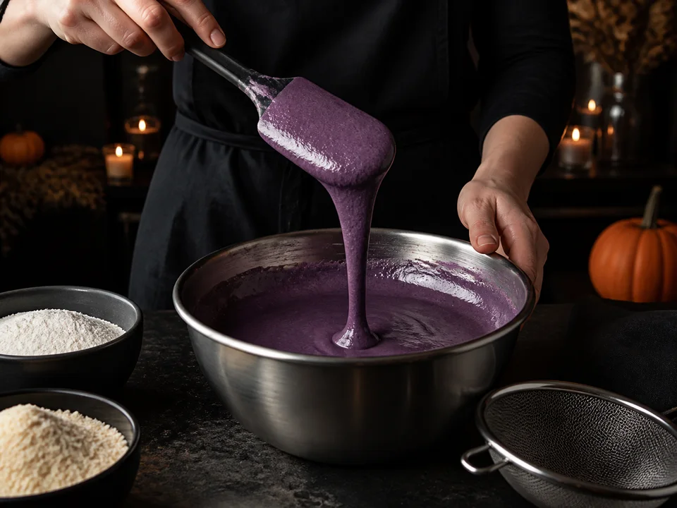 Dunkelviolette Macaronmasse fließt in einem breiten Band vom Teigschaber zurück in die Rührschüssel