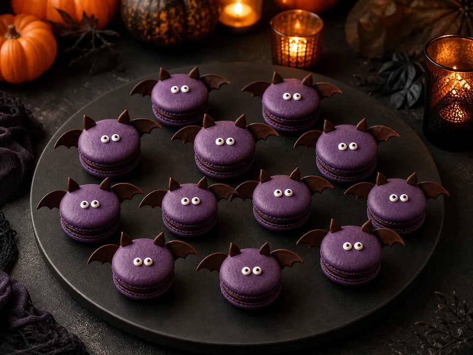 Zwölf dunkelviolette Fledermaus-Macarons mit Ganache, Zuckeraugen und Schokoladenflügeln auf einer schwarzen Platte