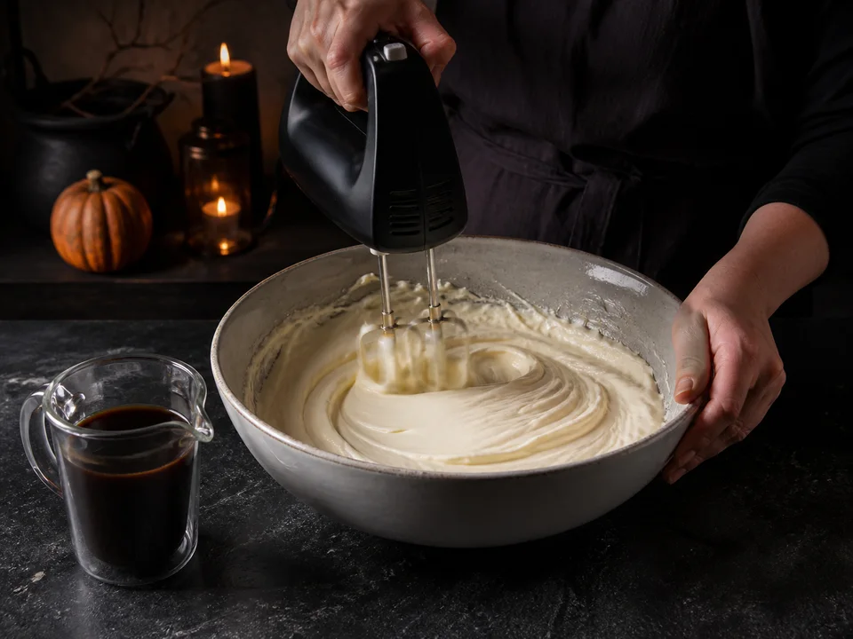 Mascarpone, Quark und Zucker werden zu einer dicken Tiramisucreme gerührt, daneben steht kalter Kaffee