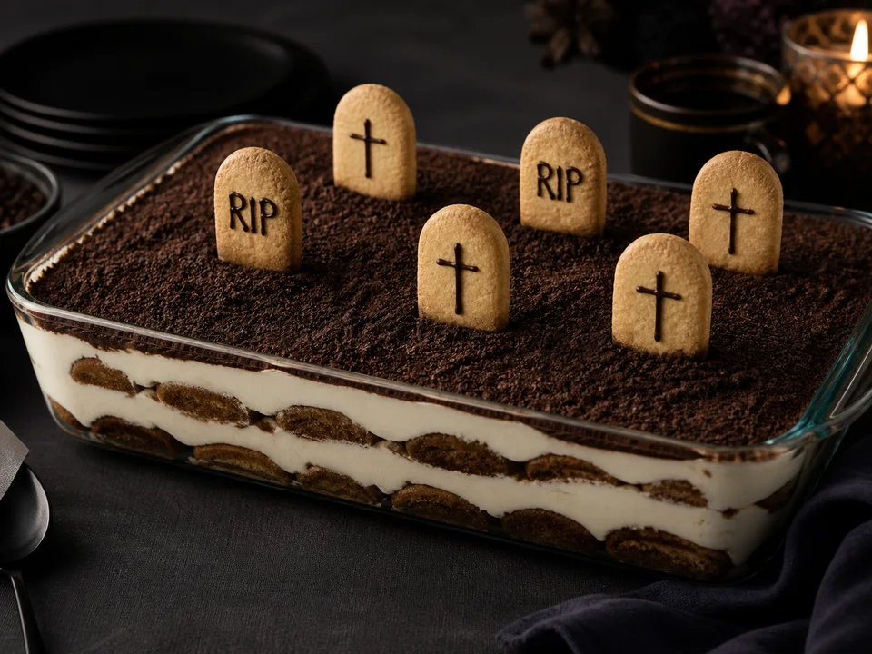 Friedhof-Tiramisu in einer rechteckigen Glasform mit Kakao-Erde und sechs beschrifteten Keksgrabsteinen