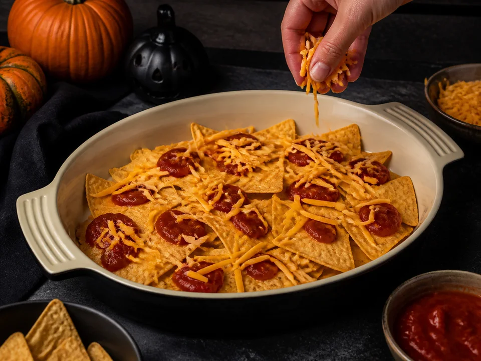 Tortilla-Chips werden in einer flachen Form sparsam mit Salsa und Cheddar überbacken