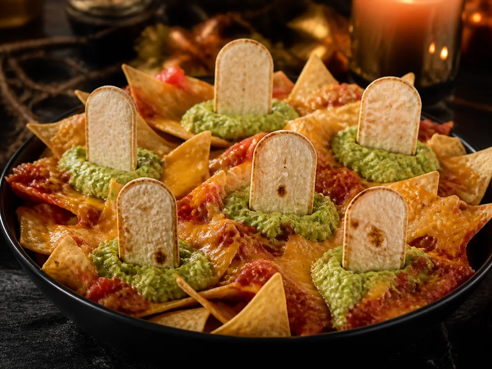 Überbackene Friedhofs-Nachos mit Guacamoleflächen und sechs knusprigen Tortilla-Grabsteinen