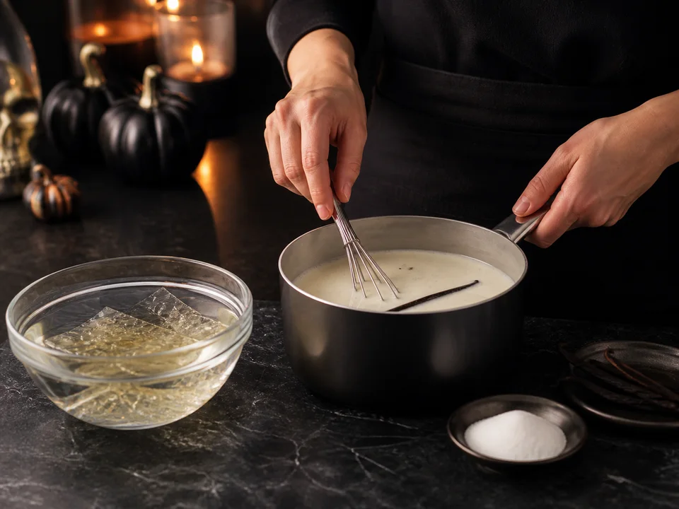 Gelatine weicht in kaltem Wasser ein, während Vanillesahne in einem Topf vorsichtig erwärmt wird