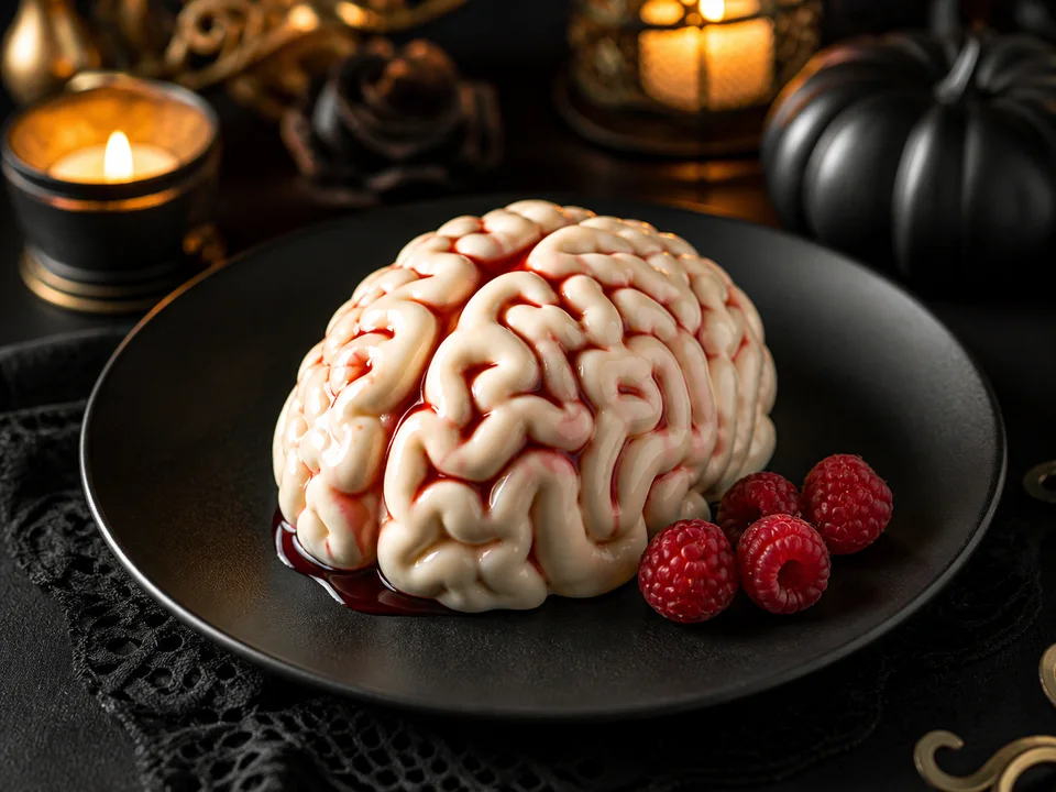 Vanille-Panna-cotta in Gehirnform mit roter Himbeersoße und frischen Himbeeren auf schwarzem Teller