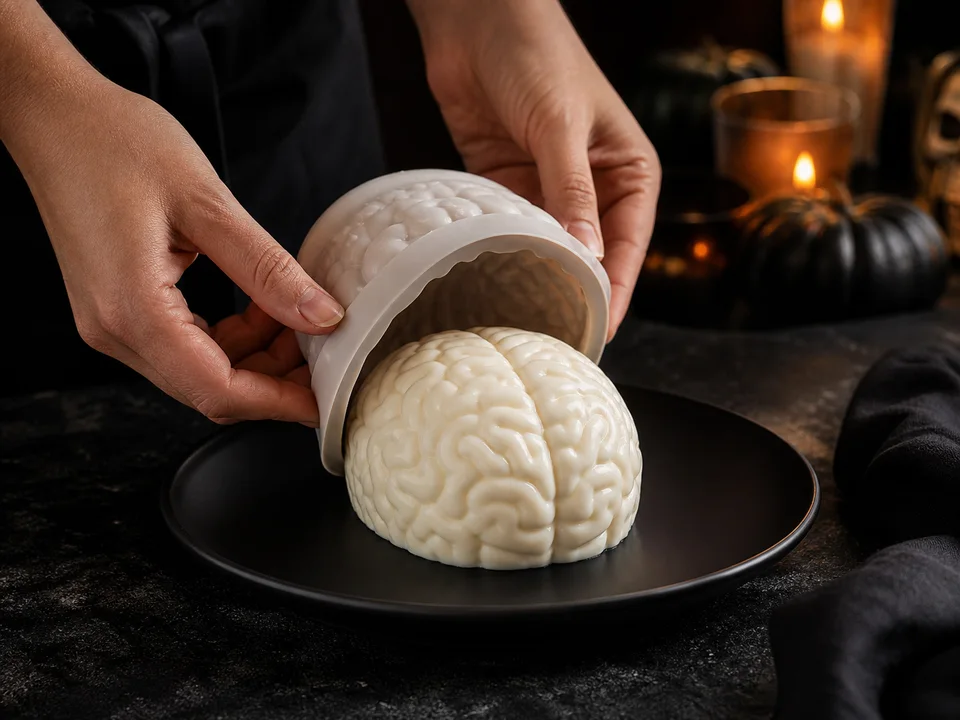 Eine gekühlte Gehirn-Panna-cotta wird vorsichtig aus einer flexiblen Silikonform auf einen schwarzen Teller gestürzt