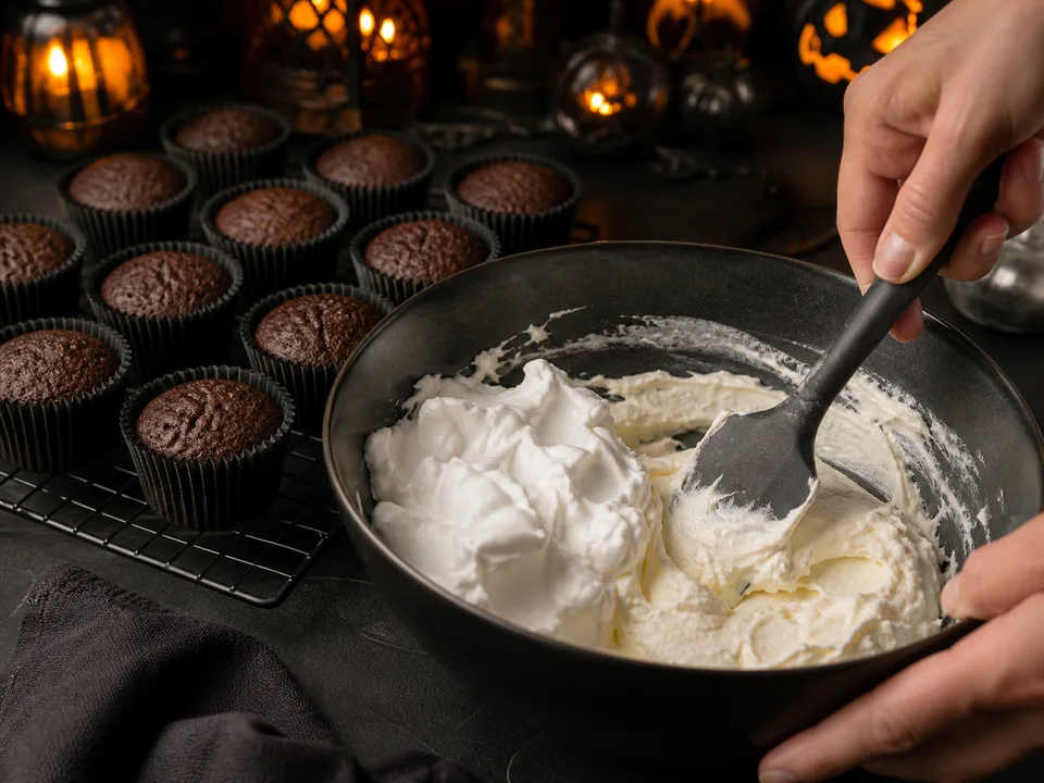 Steif geschlagene Sahne wird vorsichtig unter eine feste Frischkäse-Puderzucker-Creme gehoben, daneben stehen ausgekühlte Schoko-Cupcakes in Papierförmchen