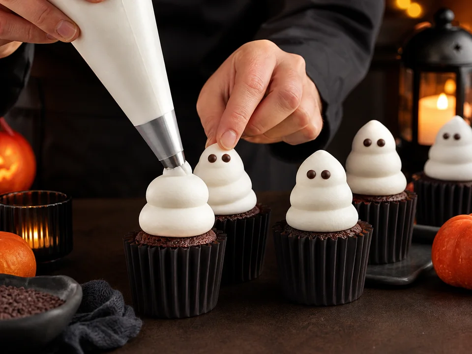 Weiße Frischkäse-Sahne-Creme wird mit großer Rundtülle als dreistufiger Geist auf Schoko-Cupcakes in schwarzen Papierförmchen gespritzt