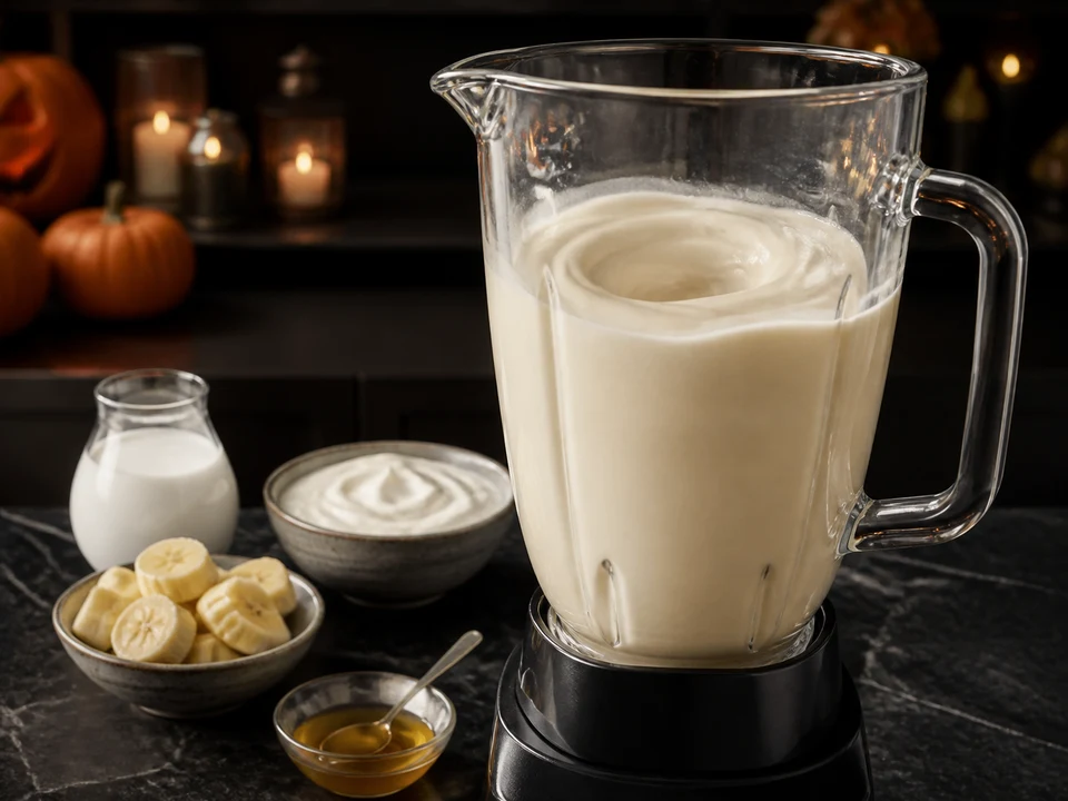 Banane, Kokosdrink, Naturjoghurt und Honig werden in einem Standmixer zu einem hellen glatten Smoothie püriert