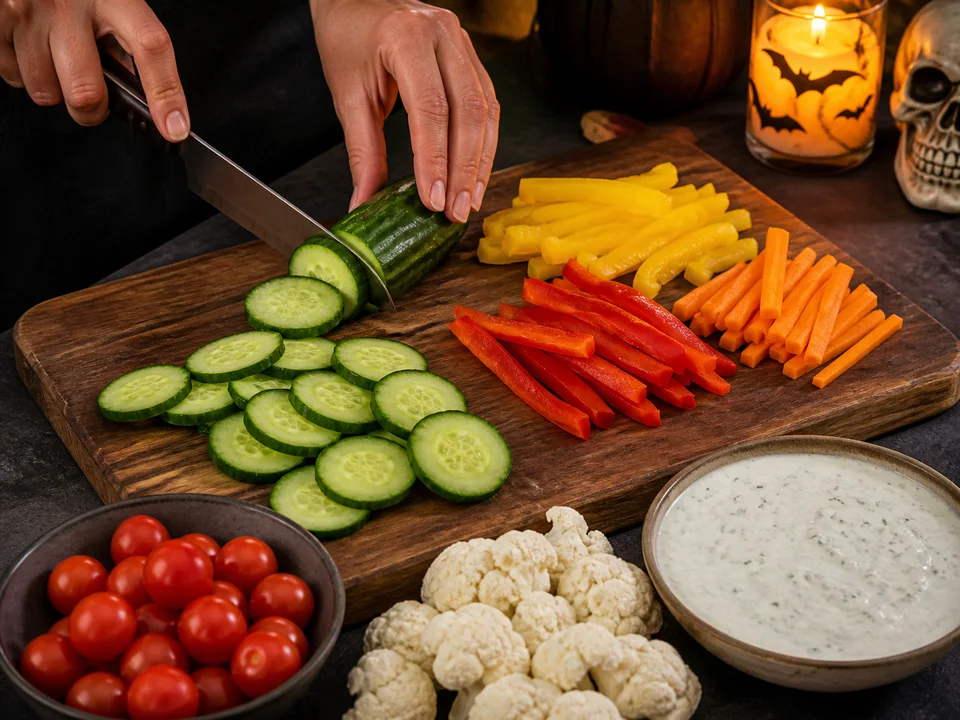 Gurke wird in Scheiben geschnitten; Paprika- und Karottenstifte, Blumenkohlröschen, Cherrytomaten und Kräuterquark stehen bereit
