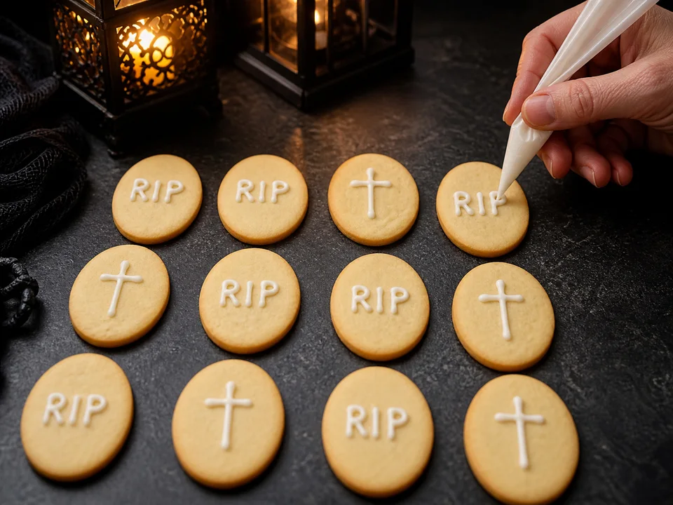 Zwölf ovale Butterkekse liegen flach und werden mit weißer Zuckerschrift mit RIP oder einem Kreuz verziert