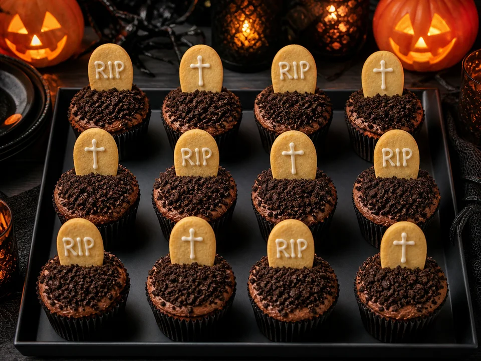 Zwölf Grabstein-Muffins in drei Reihen mit dunkler Keks-Erde und je einem aufrechten beschrifteten Butterkeks