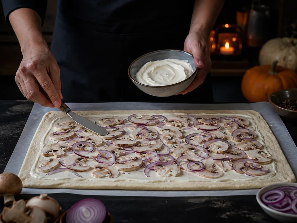 Ein großer rechteckiger Flammkuchenteig wird dünn mit Crème fraîche, Pilzen und roten Zwiebeln belegt