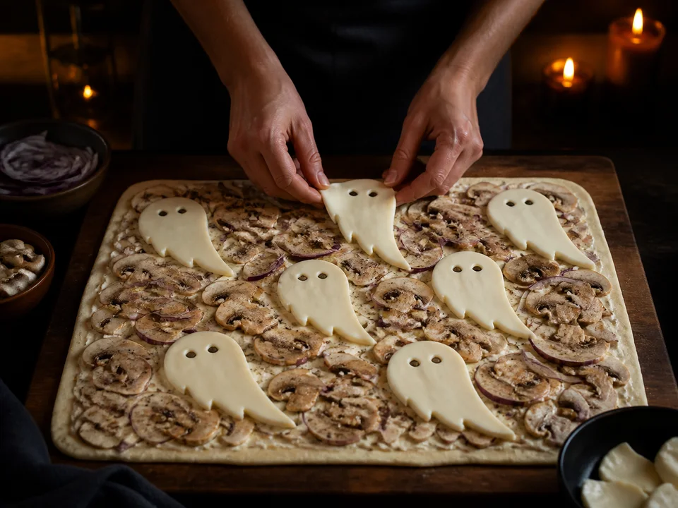 Sechs flache Mozzarellageister mit Augenöffnungen werden auf einen großen Flammkuchen gelegt