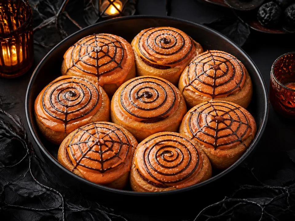 Acht goldbraune Halloween-Zimtschnecken mit orangefarbener Glasur und dunklen Schokoladenspiralen oder Spinnennetzen