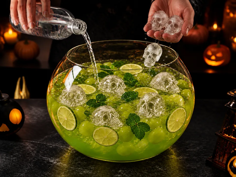Kalte Zitronenlimonade wird eingegossen und Totenkopf-Eiswürfel werden unmittelbar vor dem Servieren in die grüne Bowle mit Trauben, Limette und Minze gegeben
