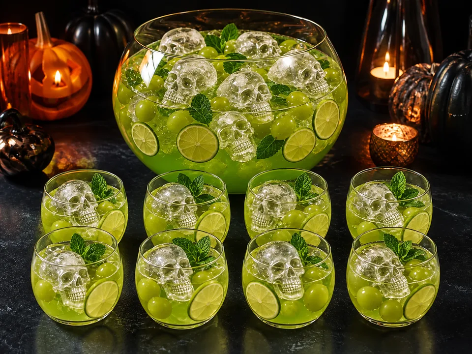 Große gläserne Schale mit grüner Hexenbowle und Totenkopf-Eiswürfeln sowie genau acht gefüllten Gläsern mit je einem Totenkopf-Eiswürfel in zwei Reihen