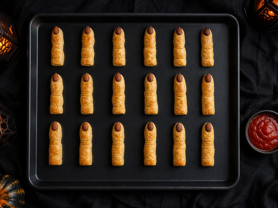 Goldbraune Blätterteig-Hexenfinger mit Mandelnägeln auf einem schwarzen Blech neben rotem Tomatendip