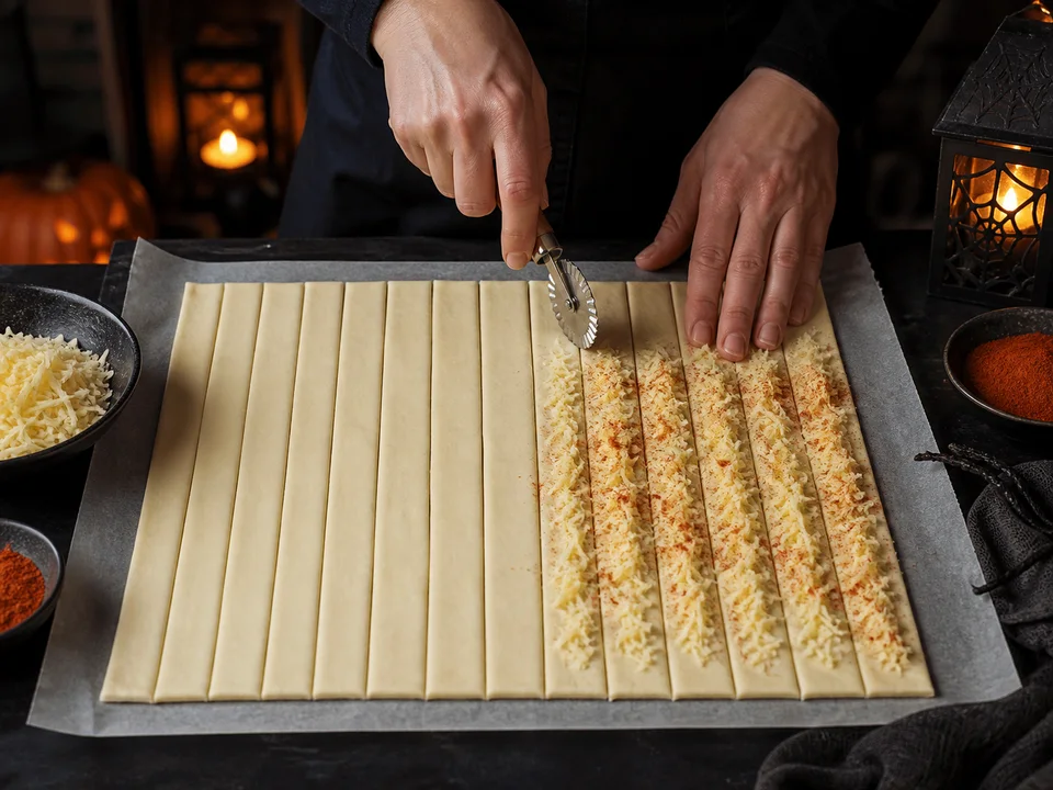Eine Blätterteigplatte wird in schmale fingerlange Streifen geschnitten und sparsam mit Reibekäse und Paprika belegt