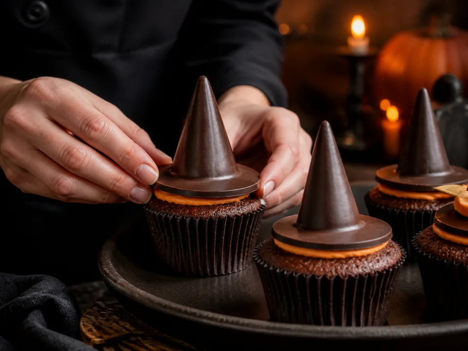 Ein vollständig fester Schokoladen-Hexenhut mit orangefarbenem Band wird auf die weiche Buttercreme eines Schoko-Cupcakes gesetzt