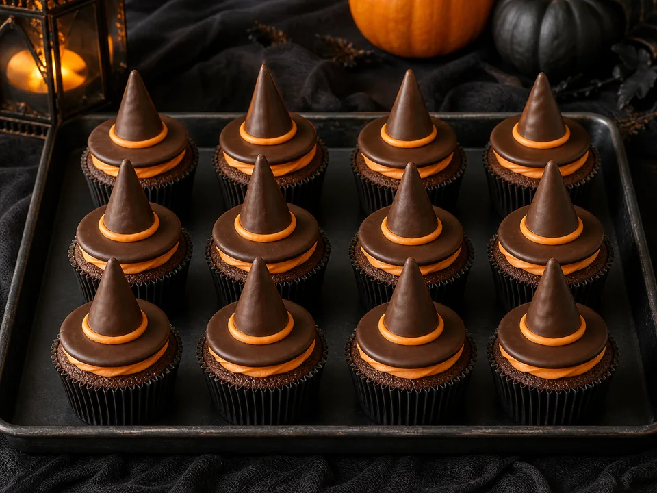 Zwölf eindeutig erkennbare Schoko-Cupcakes in dunklen Papierförmchen mit vollständigen Hexenhüten und orangefarbenen Hutbändern auf einem schwarzen Blech