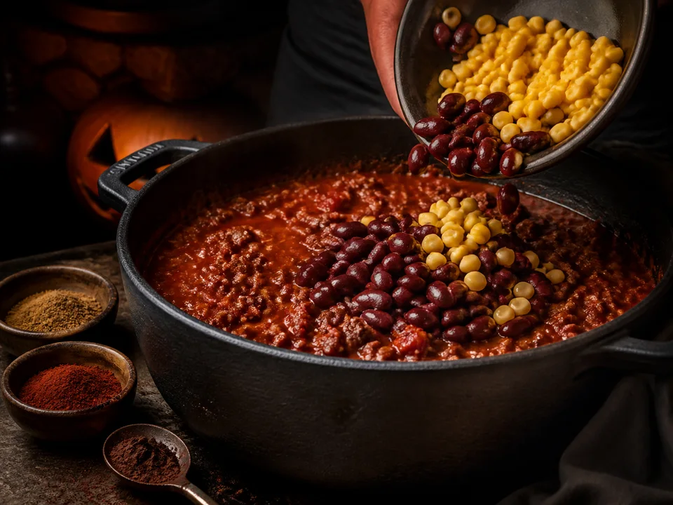 Kidneybohnen und Mais werden in dunkles Chili con Carne gegeben
