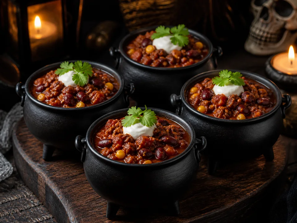 Vier schwarze Kesselschalen mit Chili con Carne, Bohnen und Mais