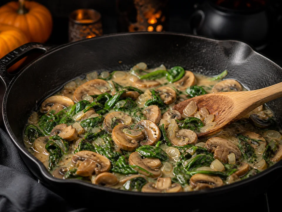 Champignons, Zwiebeln und Spinat garen in einer cremigen Pfannensoße