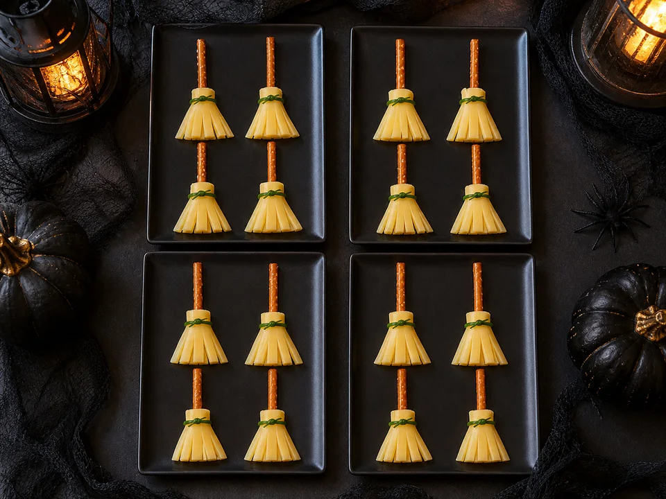 Sechzehn Käse-Besen sind portionsweise auf vier schwarzen Platten mit jeweils vier Besen angerichtet