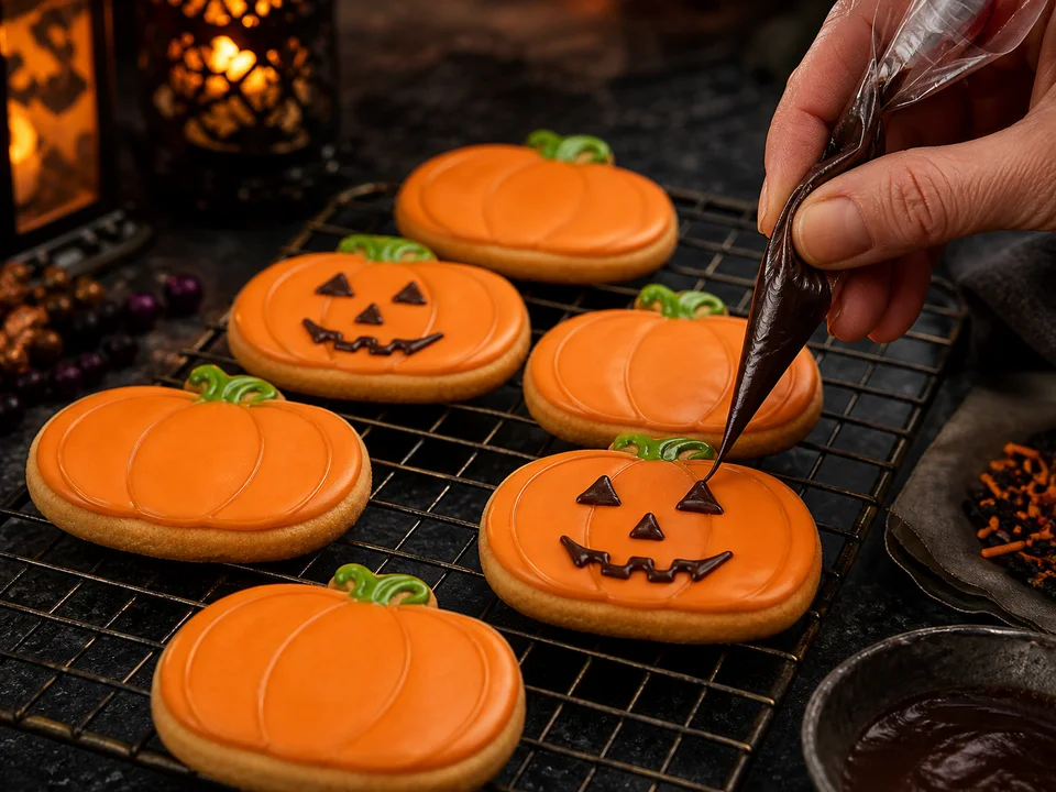 Orange glasierte Kürbis-Cookies mit grünen Stielen erhalten mit dunkler Schokoladen-Zuckerschrift Konturen und Jack-o-Lantern-Gesichter