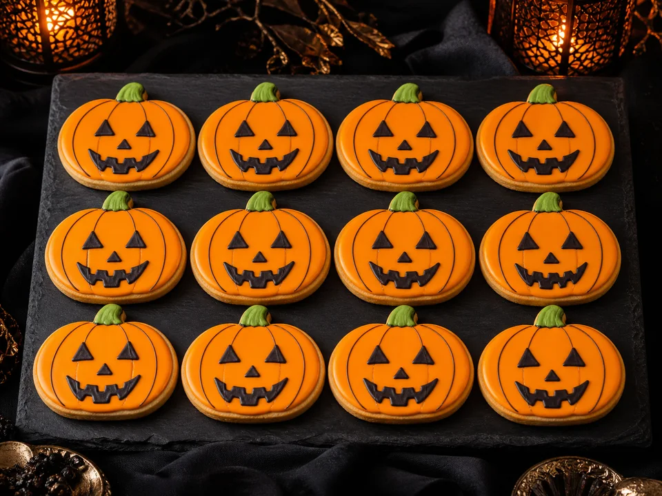 Zwölf orange glasierte Kürbis-Cookies mit grünen Stielen und vollständigen dunklen Jack-o-Lantern-Gesichtern auf schwarzer Platte