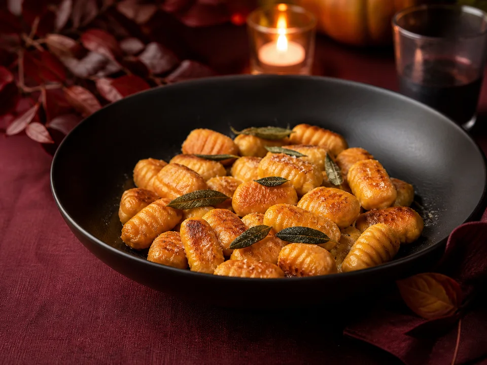 Goldbraune Kürbis-Gnocchi mit knusprigen Salbeiblättern in einer schwarzen Schale