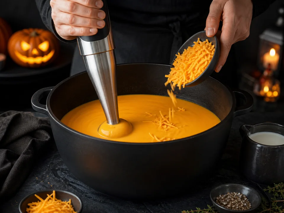 Glatt pürierte orange Kürbissuppe erhält bei niedriger Hitze portionsweise fein geriebenen Cheddar
