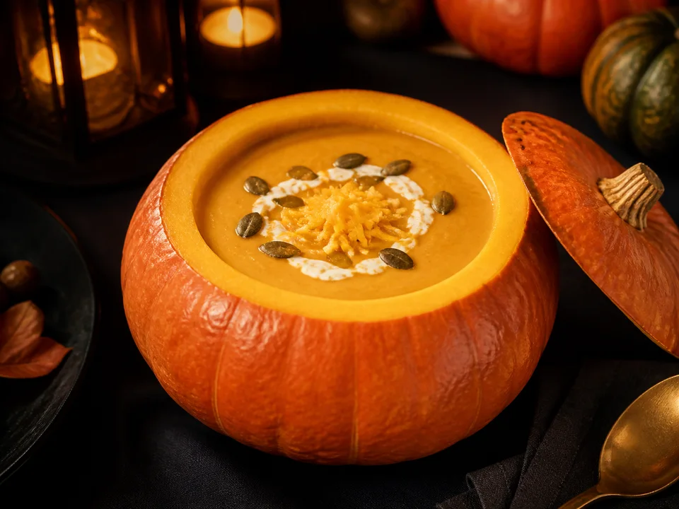 Cremige Kürbis-Käse-Suppe in einem stabil ausgehöhlten kleinen Kürbis mit Kürbiskernen und wenig Cheddar